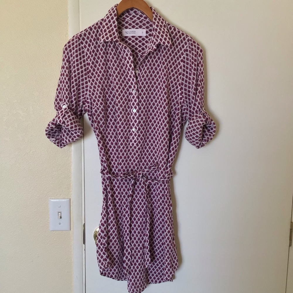 Carve Designs Collared Shirt Dress Small Maroon Print Belted 100% Cotton Casual - Picture 2 of 13
